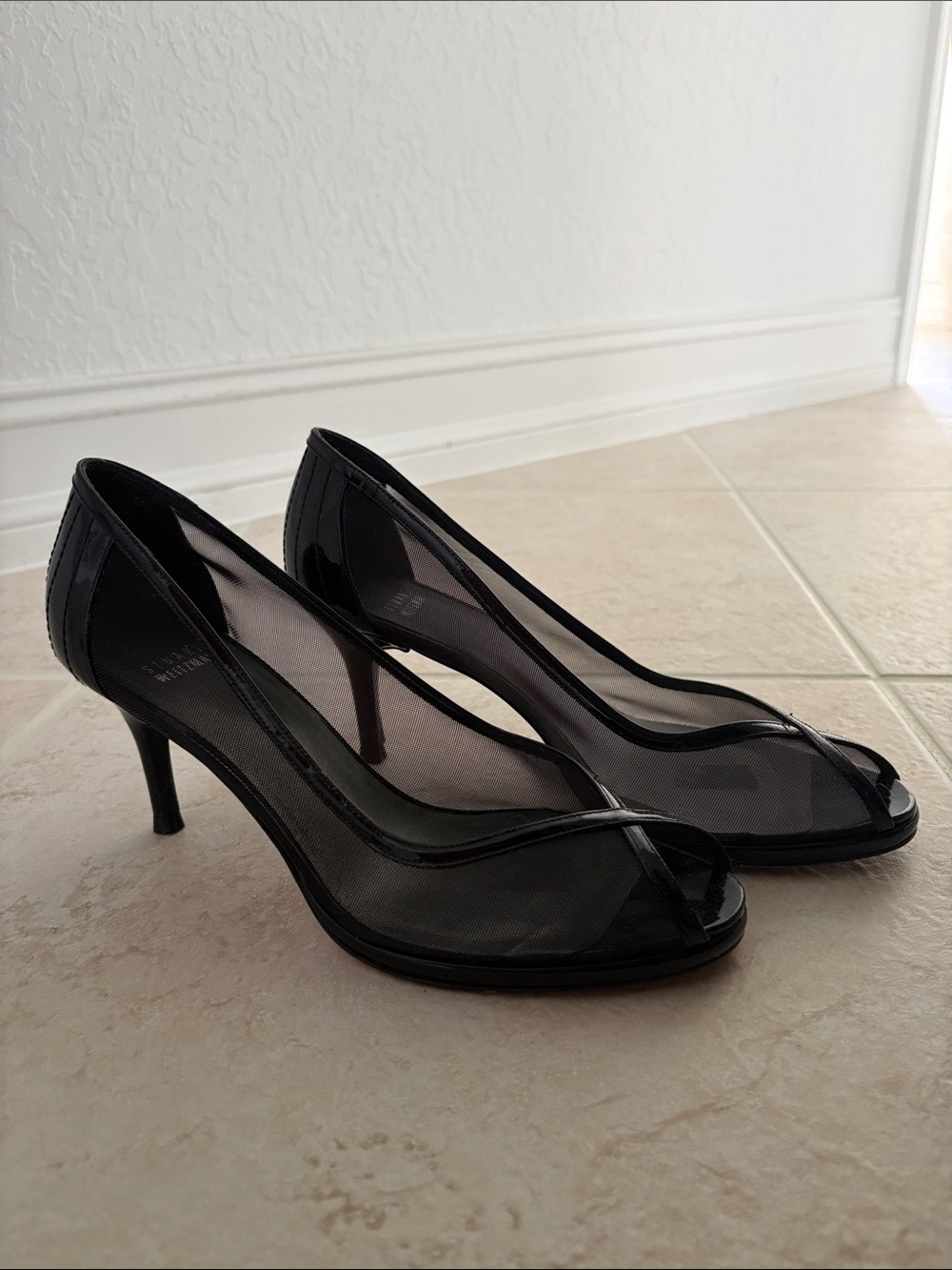 Stuart Weitzman Black Mesh Peep-Toe Pumps